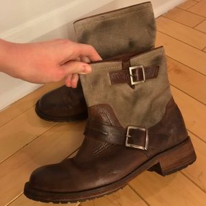Brown/tan leather and suede moto boots, Sz 7